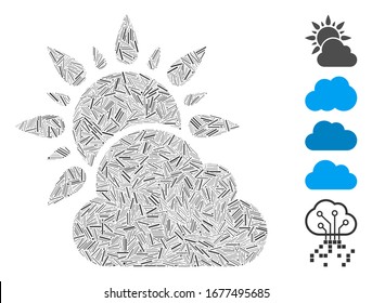 Hatch Mosaik auf der Grundlage von Sonne und Wolke Wettersymbol. Mosaik Vektorillustration Sonne und Wolke Wetter ist mit randomisierten Lukenelementen konzipiert. Bonussymbole werden hinzugefügt.