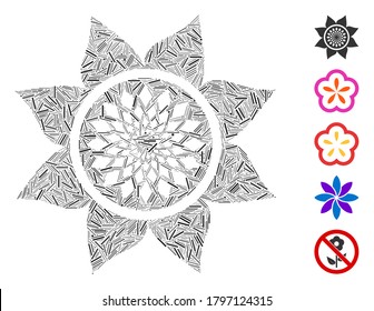 Mosaico de escotilla basado en el ícono de la flor de girasol. La flor de girasol vector mosaico está diseñada con puntos de escotilla dispersos. Se agregan iconos de bonificación.