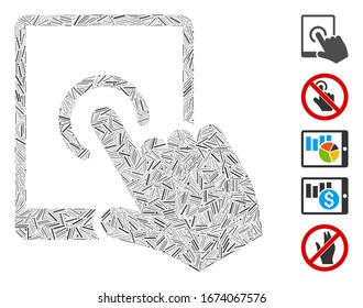 Hatch Mosaic based on tablet tap icon. Mosaic vector tablet tap is formed with random hatch spots. Bonus icons are added.