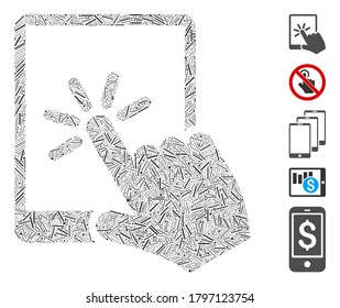 Hatch Mosaic based on tablet click icon. Mosaic vector tablet click is designed with scattered hatch spots. Bonus icons are added.