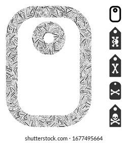Hatch Mosaic based on tag icon. Mosaic vector tag is formed with scattered hatch spots. Bonus icons are added.