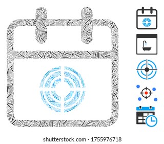 Hatch Mosaic based on target day icon. Mosaic vector target day is designed with random dash spots. Bonus icons are added.