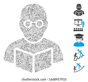Hatch Mosaic based on teacher icon. Mosaic vector teacher is created with randomized hatch elements. Bonus icons are added.