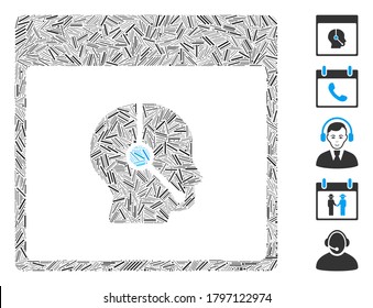 Hatch Mosaic based on telemarketing operator calendar page icon. Mosaic vector telemarketing operator calendar page is composed with scattered hatch elements. Bonus icons are added.