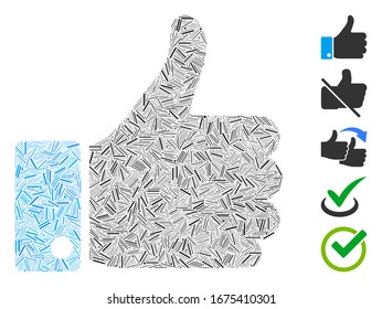 Hatch Mosaic based on thumb up icon. Mosaic vector thumb up is formed with randomized hatch items. Bonus icons are added.