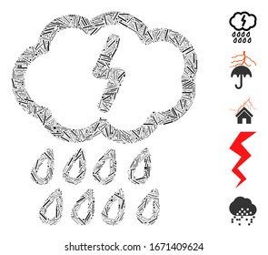Hatch Mosaic based on thunderstorm icon. Mosaic vector thunderstorm is designed with random dash elements. Bonus icons are added.