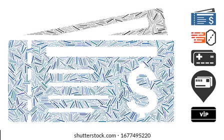 Hatch Mosaic based on tickets icon. Mosaic vector tickets is designed with randomized hatch spots. Bonus icons are added.