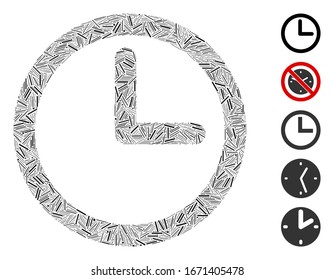 Hatch Mosaic based on time icon. Mosaic vector time is formed with random hatch elements. Bonus icons are added.
