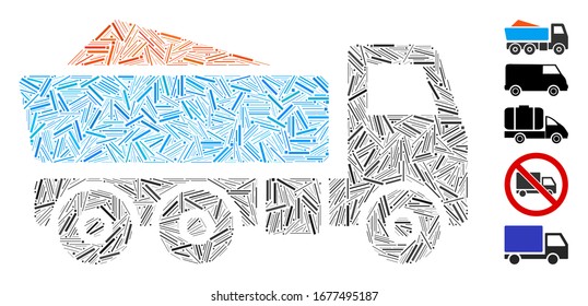 Mosaico del escote basado en el icono del tipper. Tapón vectorial mosaico está diseñado con elementos de rayas dispersas. Se agregan iconos de bonificación.