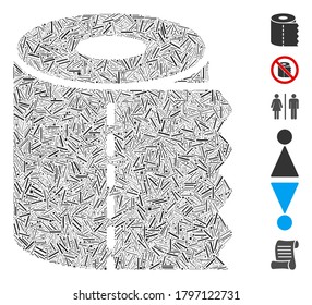 Hatch Mosaic based on toilet paper roll icon. Mosaic vector toilet paper roll is formed with randomized hatch elements. Bonus icons are added.
