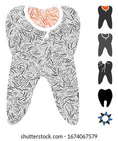 Hatch Mosaic based on tooth caries icon. Mosaic vector tooth caries is designed with random hatch spots. Bonus icons are added.