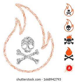 Hatch Mosaic based on toxic fire icon. Mosaic vector toxic fire is created with random hatch elements. Bonus icons are added.
