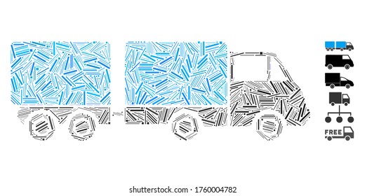 Hatch Mosaic based on trailer icon. Mosaic vector trailer is composed with random hatch dots. Bonus icons are added.