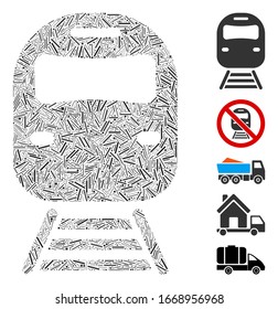 Hatch Mosaic based on train icon. Mosaic vector train is designed with randomized hatch items. Bonus icons are added.