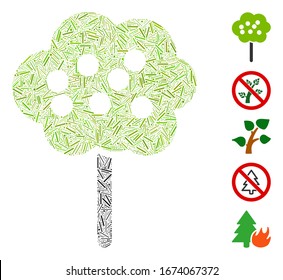 Hatch Mosaic based on tree icon. Mosaic vector tree is formed with randomized hatch elements. Bonus icons are added.