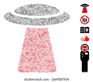 Hatch Mosaic based on UFO ray icon. Mosaic vector UFO ray is created with random hatch elements. Bonus icons are added.