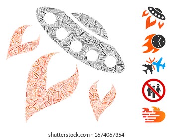 Hatch Mosaic based on UFO start fire icon. Mosaic vector UFO start fire is formed with randomized hatch items. Bonus icons are added.