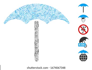 Hatch Mosaic based on umbrella icon. Mosaic vector umbrella is designed with randomized hatch spots. Bonus icons are added.