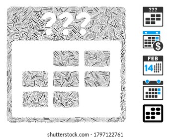 Hatch Mosaic based on unknown month calendar grid icon. Mosaic vector unknown month calendar grid is formed with randomized hatch elements. Bonus icons are added.