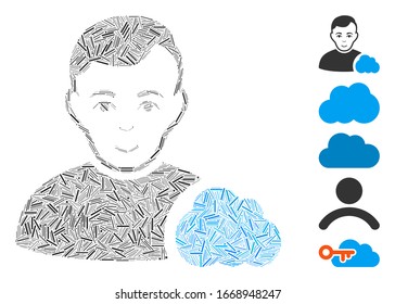 Hatch Mosaic based on user cloud icon. Mosaic vector user cloud is composed with randomized hatch spots. Bonus icons are added.