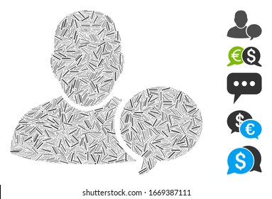 Hatch Mosaic based on user hint balloon icon. Mosaic vector user hint balloon is formed with randomized dash elements. Bonus icons are added.