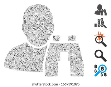 Hatch Mosaic based on user binoculars search tool icon. Mosaic vector user binoculars search tool is created with scattered hatch items. Bonus icons are added.