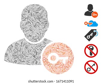 Hatch Mosaic based on user access key icon. Mosaic vector user access key is created with scattered hatch spots. Bonus icons are added.