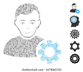 Hatch Mosaic based on user options gear icon. Mosaic vector user options gear is formed with randomized hatch dots. Bonus icons are added.