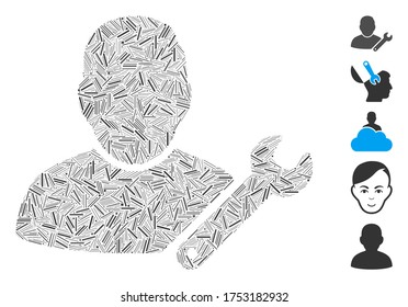 Hatch Mosaic based on user customize wrench icon. Mosaic vector user customize wrench is created with randomized hatch elements. Bonus icons are added.