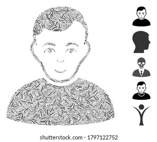 Hatch Mosaic based on user icon. Mosaic vector user is created with random hatch items. Bonus icons are added.