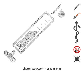 Hatch Mosaic based on vaccine icon. Mosaic vector vaccine is created with scattered hatch elements. Bonus icons are added.