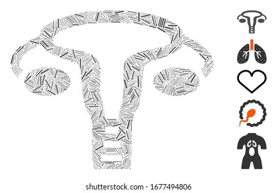 Mosaico del escote basado en el icono vaginal. La vagina vectorial mosaica se crea con elementos de escotilla aleatorizados. Se agregan iconos de bonificación.