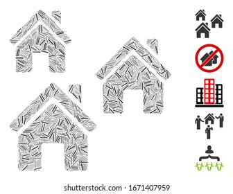 Hatch Mosaic based on village buildings icon. Mosaic vector village buildings is designed with random hatch items. Bonus icons are added.