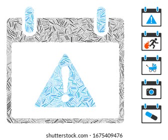 Hatch Mosaic based on warning calendar day icon. Mosaic vector warning calendar day is composed with randomized hatch items. Bonus icons are added.