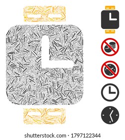 Mosaico de escotilla basado en el icono de relojes. Los relojes vectoriales de mosaico se forman con elementos de escotilla aleatorizados. Se agregan iconos de bonificación.