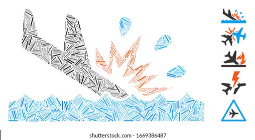 Hatch Mosaic based on water air crash icon. Mosaic vector water air crash is created with random hatch elements. Bonus icons are added.