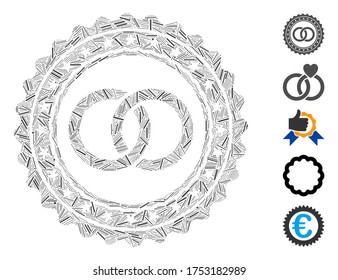 Hatch Mosaic auf der Grundlage von Hochzeitsringen stempeln Symbol. Mosaikvvektorhochzeitsstempel besteht aus randomisierten Lukenelementen. Bonussymbole werden hinzugefügt.