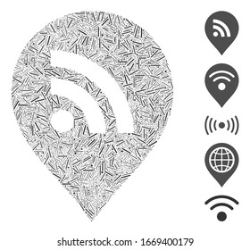 Hatch Mosaic basierend auf Wi-Fi Marker Symbol. Mosaike Vektorillustration Wi-Fi Marker ist mit verstreuten Lukenpunkten gebildet. Bonussymbole werden hinzugefügt.