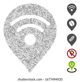 Hatch Mosaic based on Wi-Fi map marker icon. Mosaic vector Wi-Fi map marker is composed with random hatch dots. Bonus icons are added.