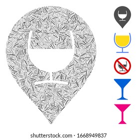 Hatch Mosaic based on wine glass marker icon. Mosaic vector wine glass marker is formed with random hatch items. Bonus icons are added.