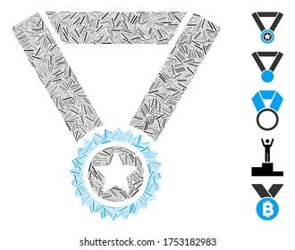 Mosaico de escotilla basado en el ícono de medalla de ganador. La medalla ganadora del vector mosaico se crea con elementos de línea aleatoria. Se agregan iconos de bonificación.