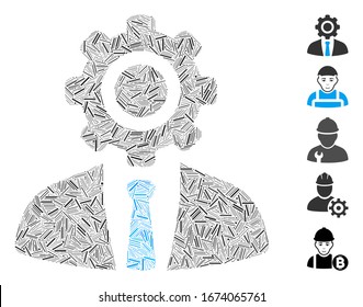 Hatch Mosaic based on worker icon. Mosaic vector worker is created with randomized hatch elements. Bonus icons are added.