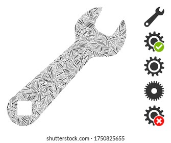 Hatch Mosaic based on wrench icon. Mosaic vector wrench is composed with randomized line dots. Bonus icons are added.