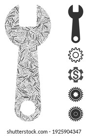 Hatch Mosaic based on wrench icon. Mosaic vector wrench is formed with scattered hatch spots. Bonus icons are added.