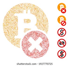 Hatch Mosaic based on wrong Bitcoin icon. Mosaic vector wrong Bitcoin is created with random dash dots. Bonus icons are added.