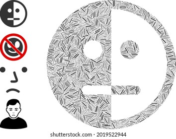 Hatch mosaic bipolarity face icon united from straight items in random sizes and color hues. Irregular hatch items are united into abstract vector composition bipolarity face icon.