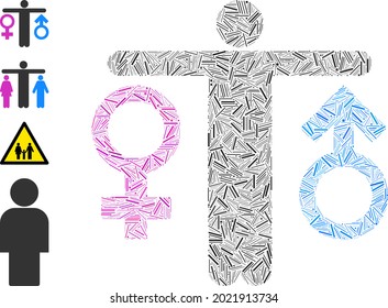 Hatch mosaic bisexual man icon designed from straight items in different sizes and color hues. Irregular hatch items are organized into abstract vector collage bisexual man icon.