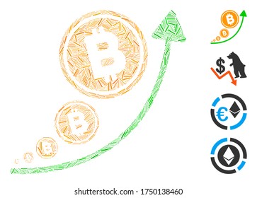 Icono de la tendencia de la inflación de Bitcoin en mosaico de cascarilla organizado a partir de objetos finos de diferentes tamaños y colores. Los elementos de trama irregular se componen en mosaico vector abstracto icono de tendencia de inflación de bitcoin.