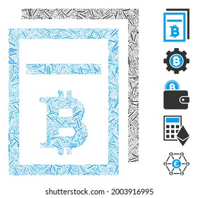 Hatch mosaic Bitcoin price pages icon organized from thin items in variable sizes and color hues. Vector hatch parts are organized into abstract mosaic Bitcoin price pages icon.
