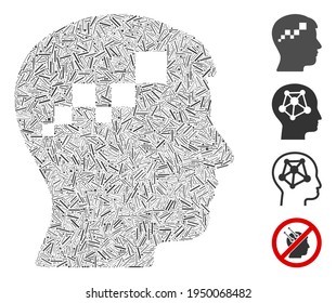 Hatch mosaic brain blockchain icon constructed from straight items in variable sizes and color hues. Irregular hatch parts are organized into abstract vector mosaic brain blockchain icon.